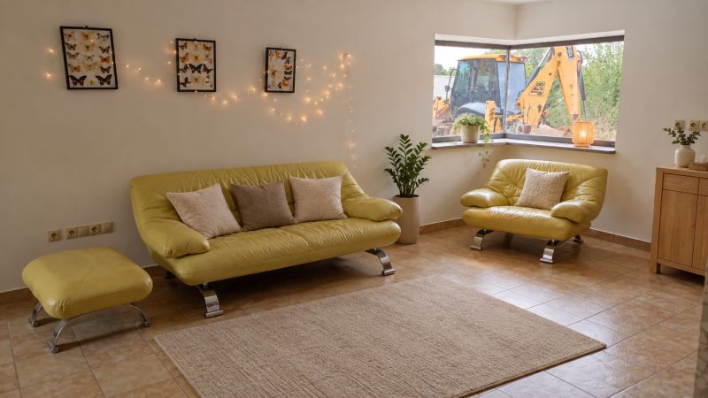 Living room in a family house with a leather sofa, decorations, and a view of an excavator.