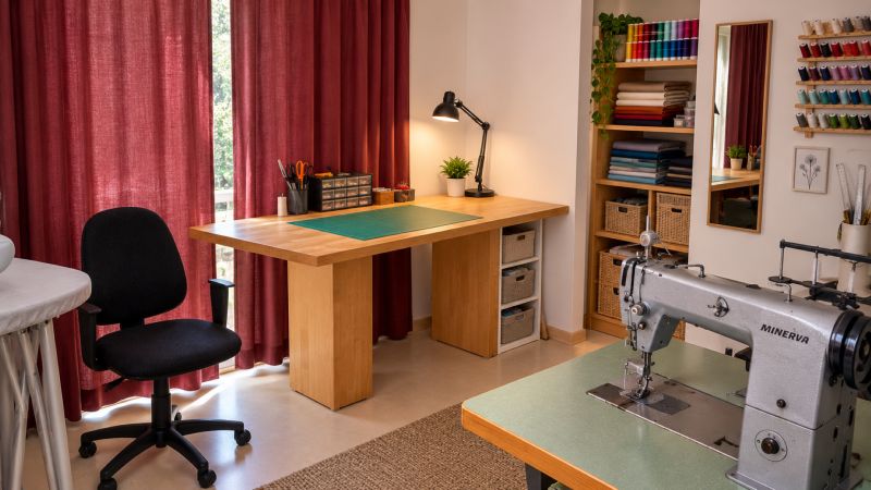 Sewing workshop in a family house with a work table and a sewing machine.