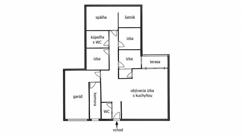 The floor plan of the family house includes a garage, bedrooms, bathrooms, a terrace, and a living room with a kitchen.
