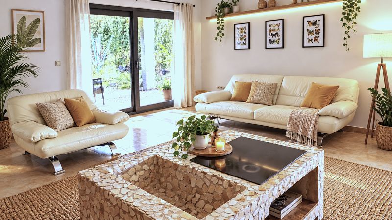 Living room in a family house with light sofas, plants, and large windows.