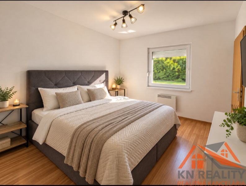 Bedroom in a family house with a large bed and a floor with a wooden decor.
