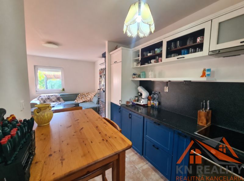 A kitchen in a family house with a wooden table, blue cabinets, and a sofa in the background.