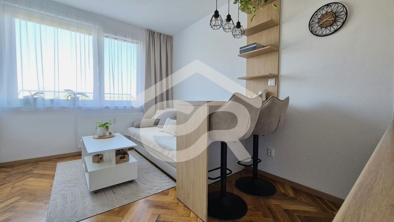 Studio apartment with a sofa, table, bar stools, and a wooden decor floor.