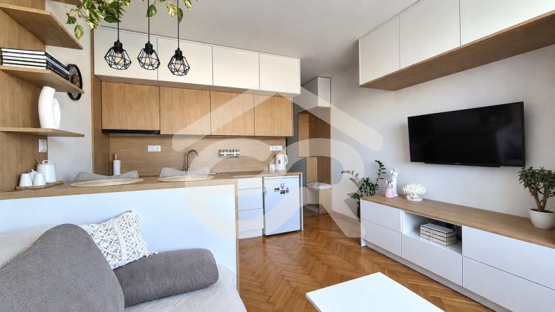 A studio apartment with a wood-patterned floor, kitchen, television, and modern lighting.