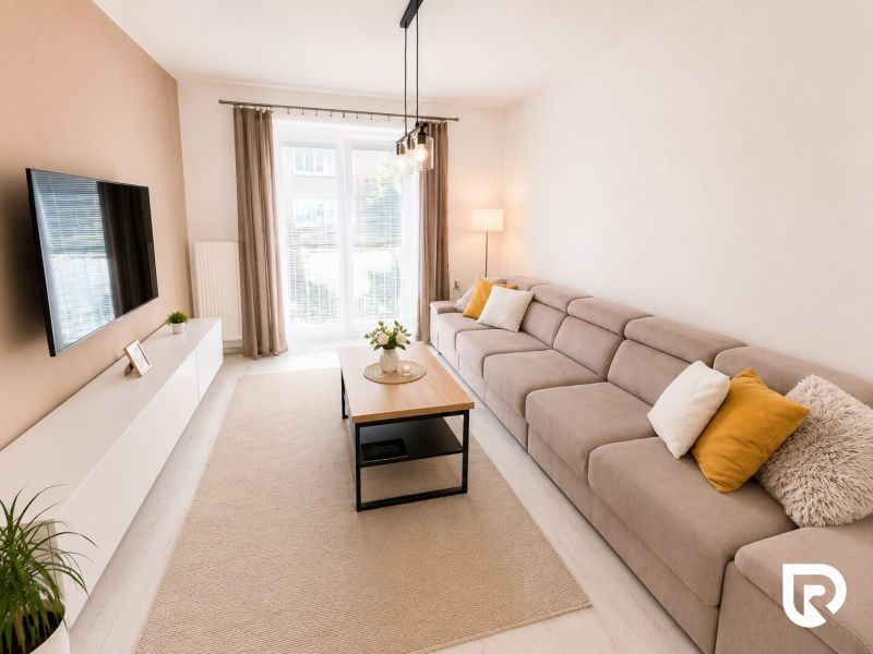 Bright living room in a 2-room apartment with a comfortable couch and windows.