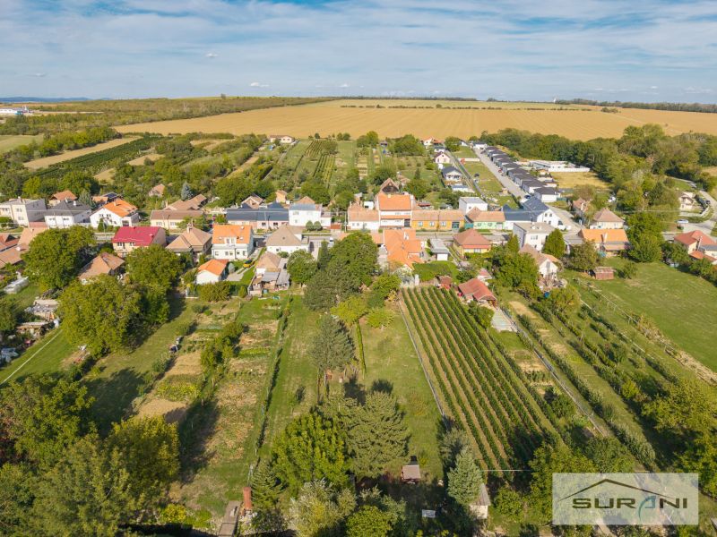 An aerial view of family houses on Hlavná Street in Štefanová surrounded by gardens and nature.
