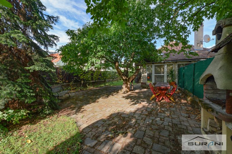 In the garden of a family house on Hlavná Street in Štefanová, there is seating under a leafy tree.