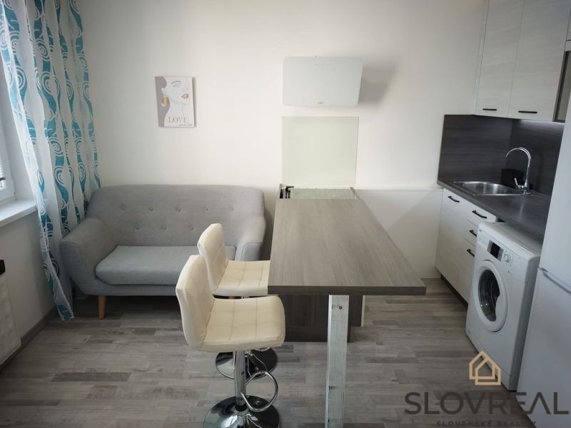 Kitchen and living area in a studio apartment with wood decor and a sofa.