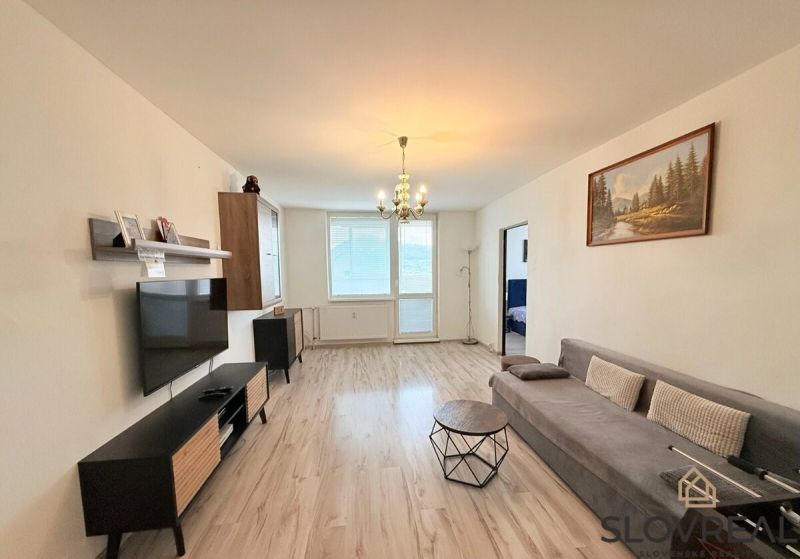 Living room in a three-room apartment with a wood-patterned floor, a television, and a sofa.