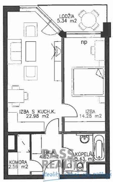 Floor plan of a 2-room apartment with a kitchen, bathroom, pantry, and hall.