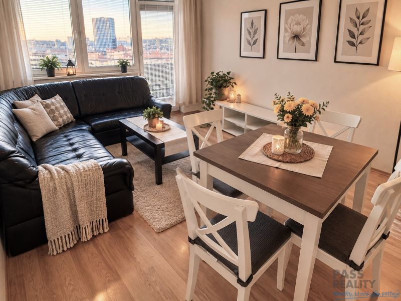 Living room in a 2-room apartment with a leather sofa and a wooden decor floor.