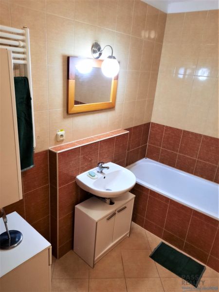 Bathroom with a sink, bathtub, and cabinet in a 2-room apartment.