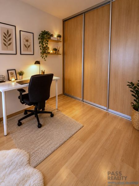 A workspace in a 2-room apartment with a wooden decor floor and minimalist decoration.