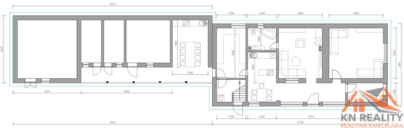Floor plan of a family house showing the layout of rooms and furniture in Komárno.