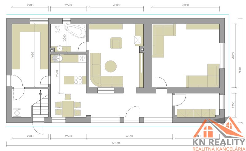 Floor plan of a family house with the layout of rooms, kitchen, and bathroom.