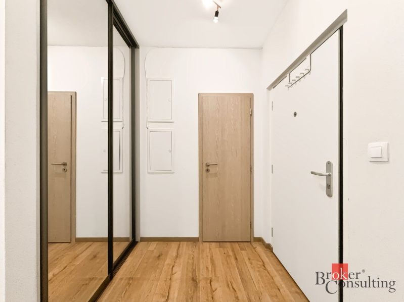 Entrance hallway with wood-patterned flooring and mirrored wardrobes in a 2-room apartment.
