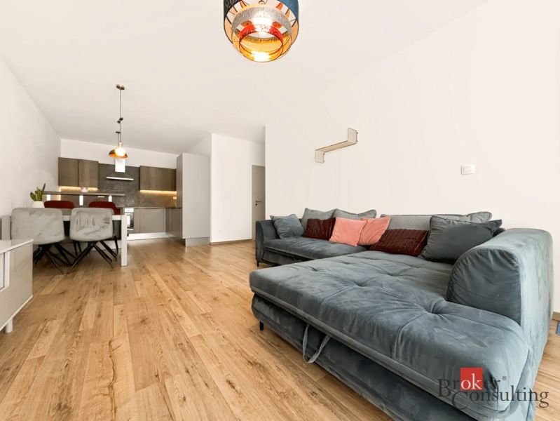 2-room apartment with a comfortable sofa, kitchen in the background, floor with wooden decor.