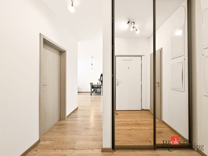 The entrance hall in a 2-room apartment with a wooden decor floor and a mirrored wardrobe.
