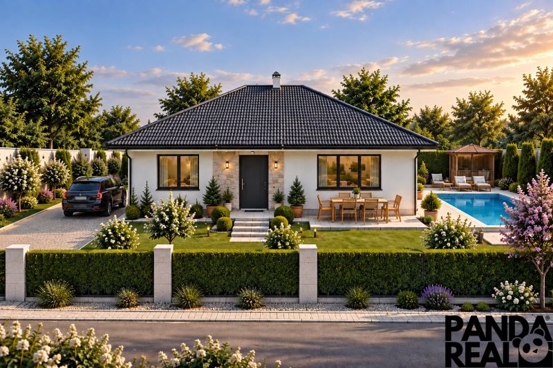A family house with a garage and a swimming pool in Čermany, surrounded by a landscaped garden. Plots - residential.