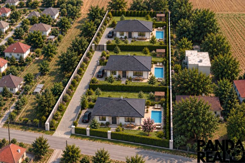 Aerial view of three family houses with pools in Čermany for Land - living.