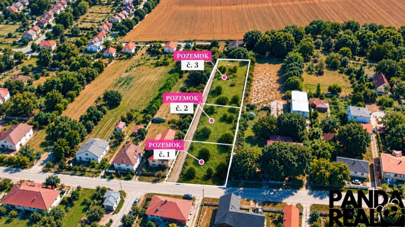 Aerial view of building plots in Čermany suitable for residential living.