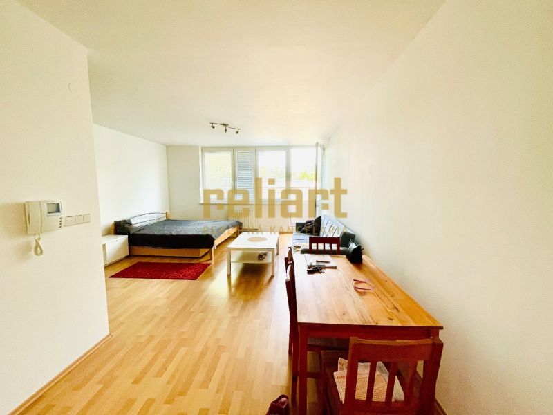 A one-room apartment with a wooden decor floor, with a bed and a work desk.