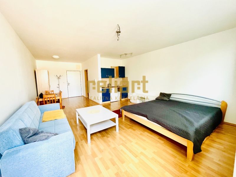 A one-room apartment with a sofa, bed, and floor with a wooden decor.
