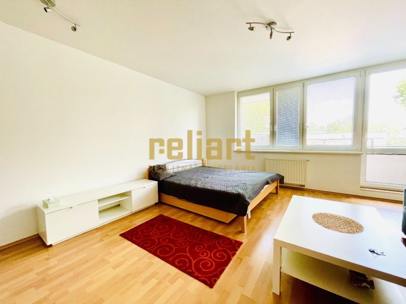 Bright room with wood-patterned flooring, bed, and simple furniture. Studio apartment.