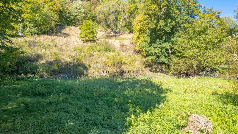 Recreational plots in Štiavnické Bane with lush green vegetation and trees.