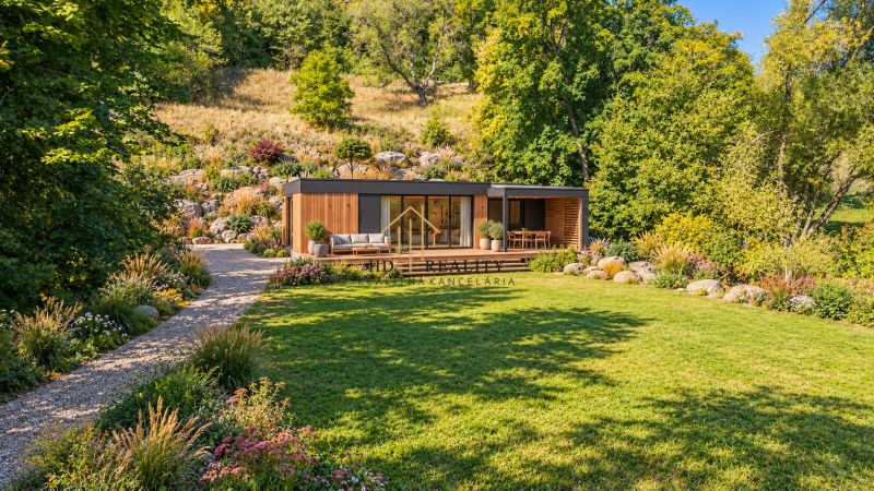 A modern garden house surrounded by greenery in Štiavnické Bane, ideal for recreational plots.