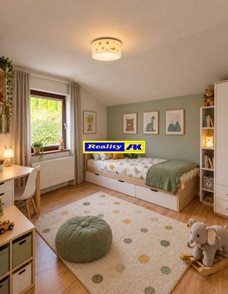 Children's room in a family house with carpet decor and furniture.