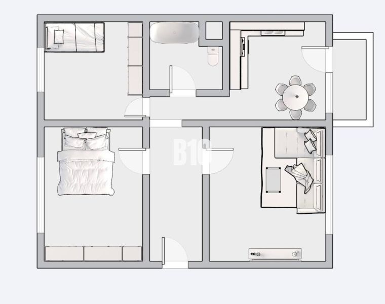 Floor plan of a 3-room apartment with a bathroom, kitchen, bedroom, and living room.