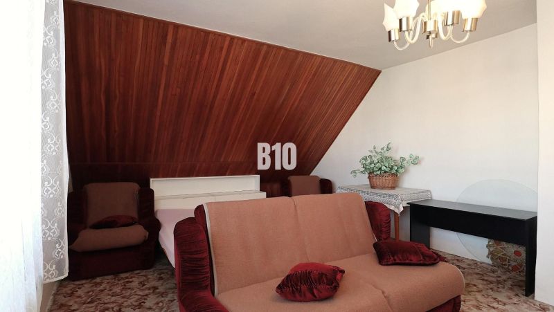 A room with a beige sofa, wooden paneling, decorative greenery in a family house.