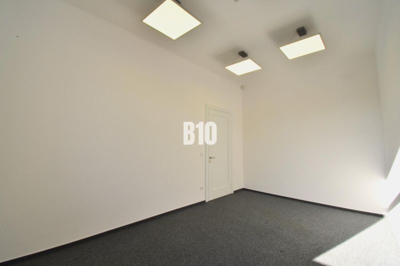 Empty office with white walls, gray carpet, and geometric lights on the ceiling.