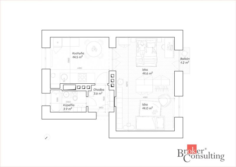 Floor plan of a 2-room apartment with a kitchen, bathroom, and balcony, 48.5 m².