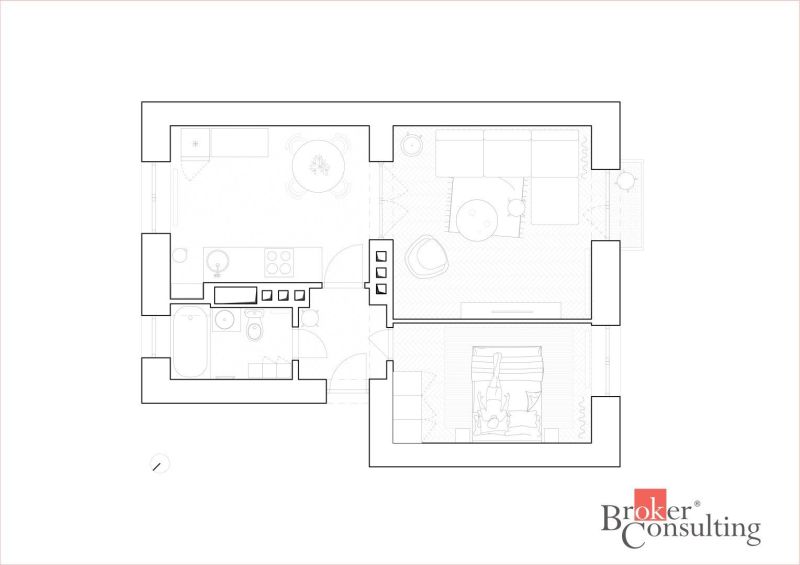 Layout of a 2-room apartment with a kitchen, living room, and bedroom.
