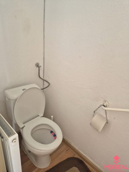 A toilet in a family house with a wooden decor floor.