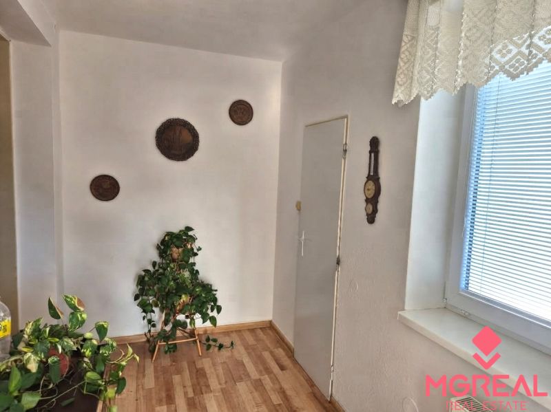 Interior of a family house, wooden decor flooring, plants and decorations on the wall.
