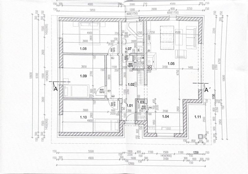 Floor plan of a family house in Horné Saliby, showing the layout of rooms and dimensional data.