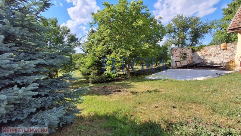 In the garden of a family house in Abaújkér, there is greenery and a stone wall on a paved area.