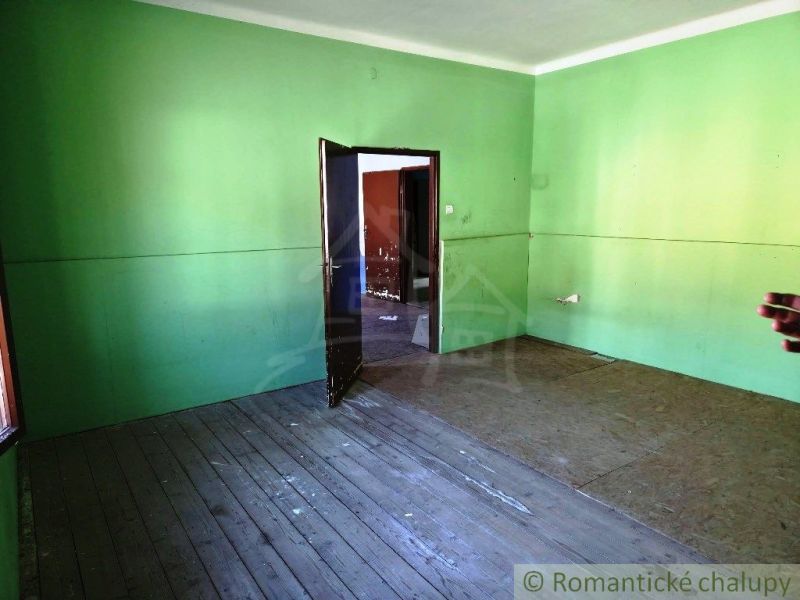 Green walls, wooden floor, and open doors in commercial premises.