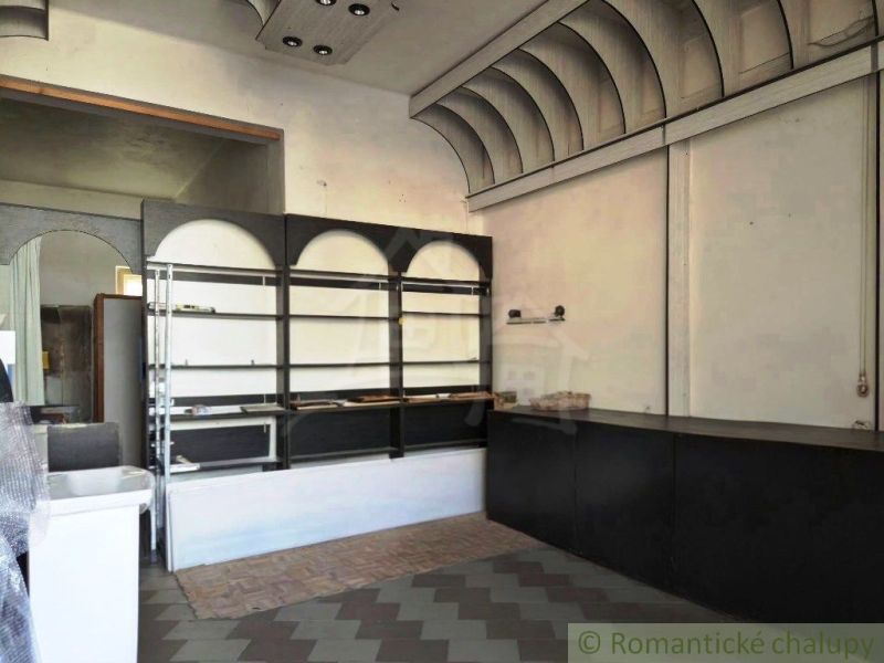 Interior space with a counter, shelves, and flooring with a wood design.