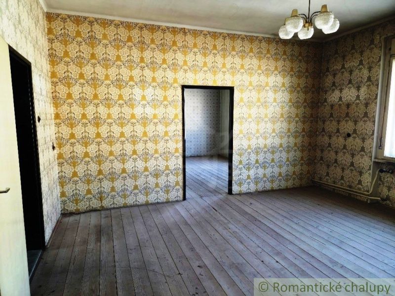 A room with a wooden decor floor and retro wallpaper in commercial premises.