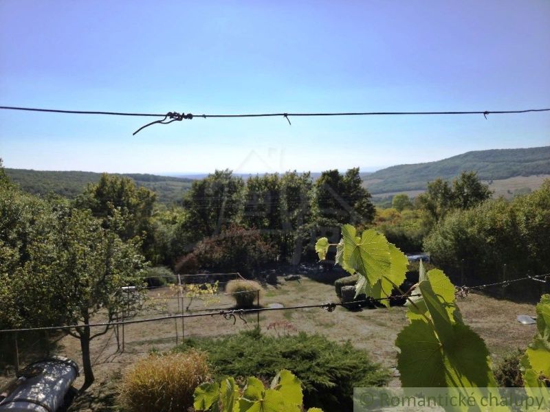The view from the cottage in Modrý Kameň, surrounded by greenery and hills in the background.