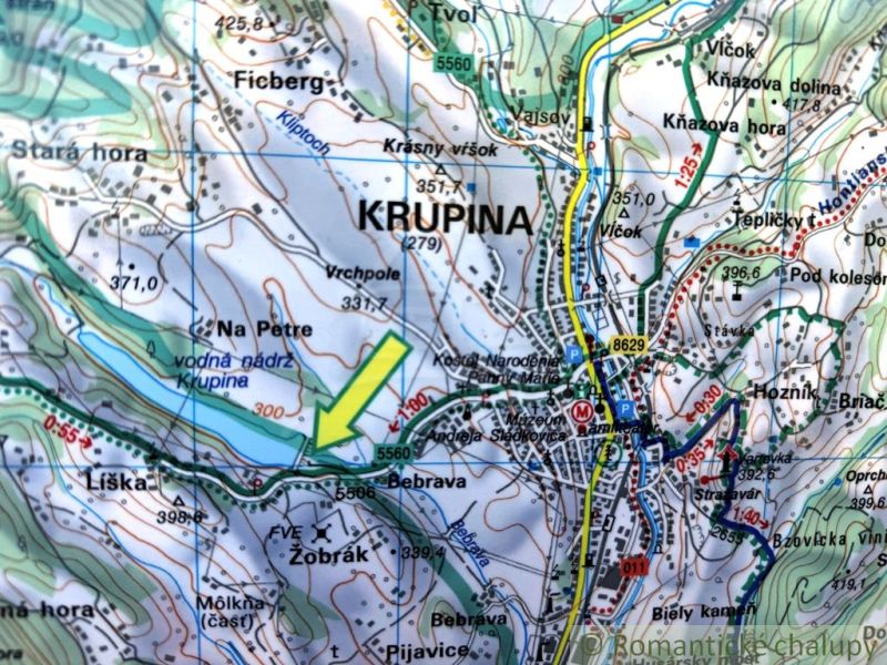 Map of Krupina with details of Gardens and hiking trails.