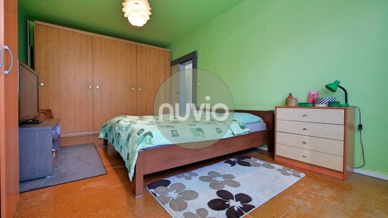 Green bedroom in a 2-room apartment with a double bed, wardrobe, and carpet.